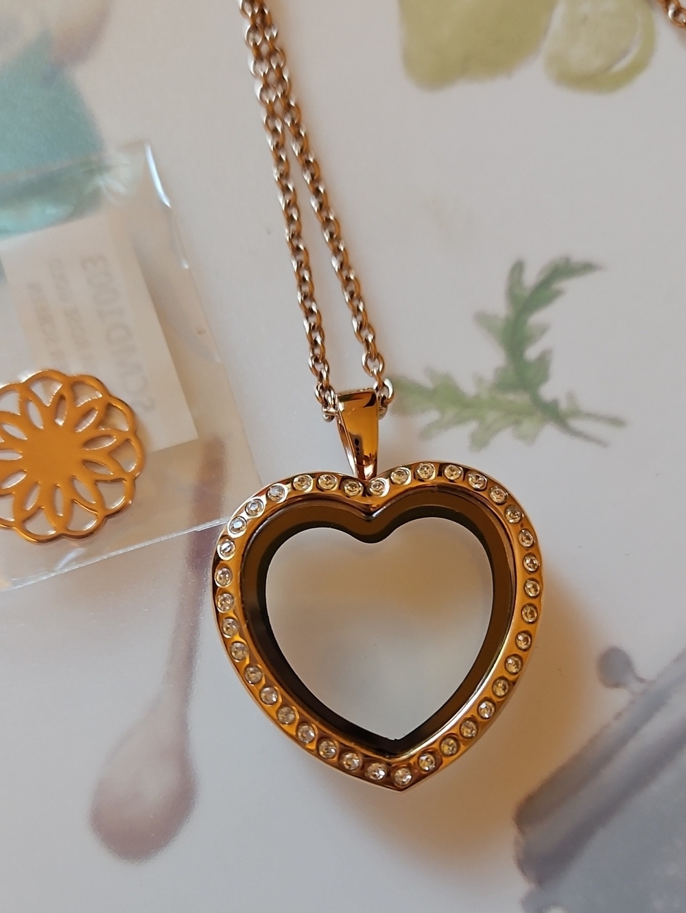 NEW...Rose Gold Heart Locket Pendant Necklace with Crystals W/ RG Flower Screen